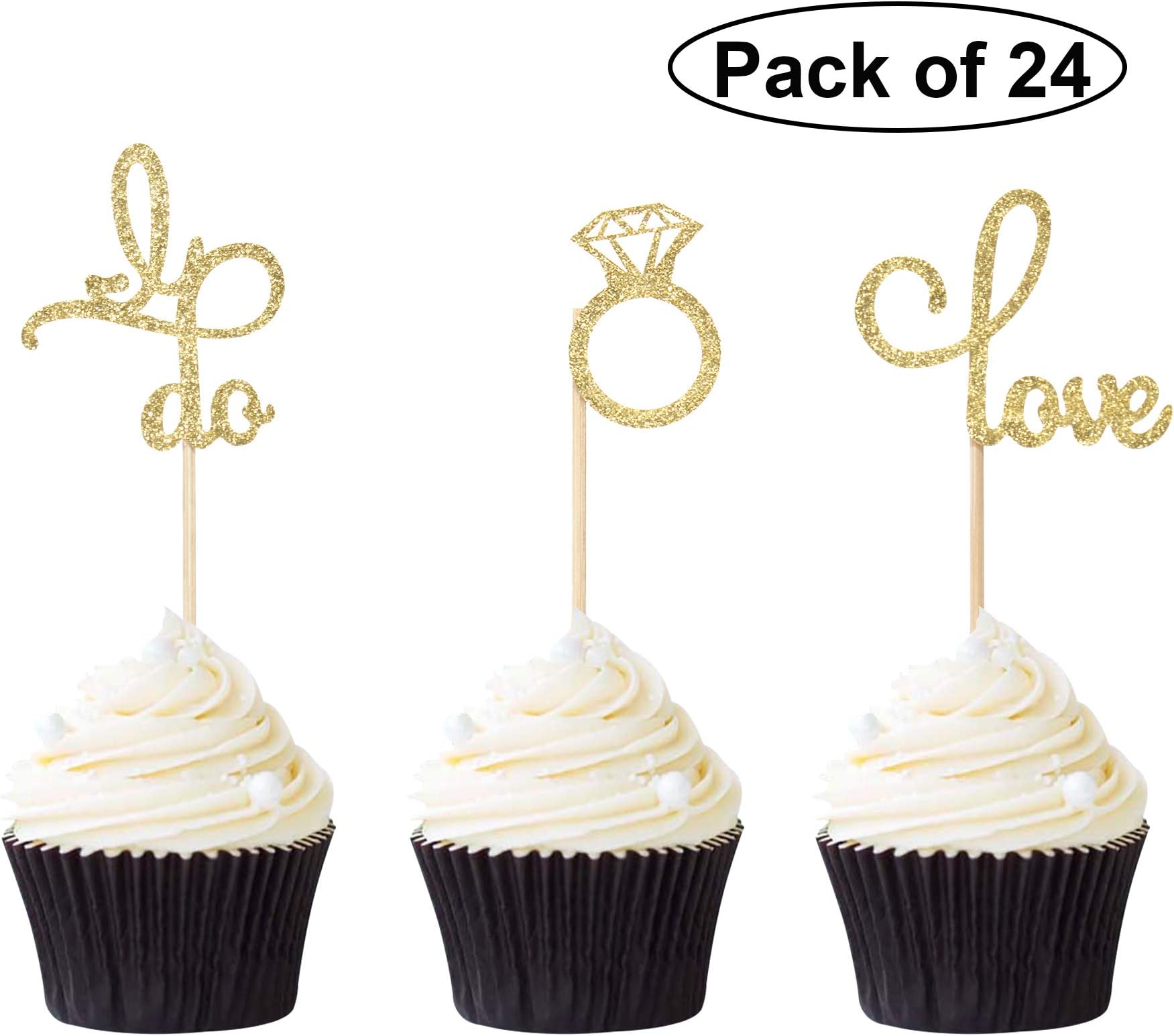 Pack of 24 Love Cupcake Toppers Gold Glitter Love Ring Diamond Cake Picks Wedding Party Decoration Supplies