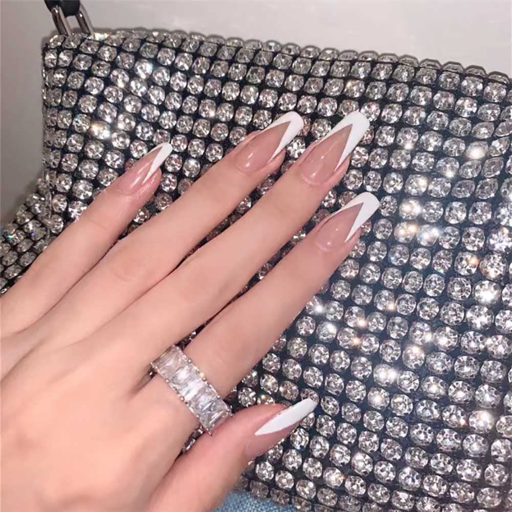 Carufin 24Pcs White V-shape French Long Coffin Nail Acrylic False Nail Press on Nails Ballet Artificial Nail for Women Girls