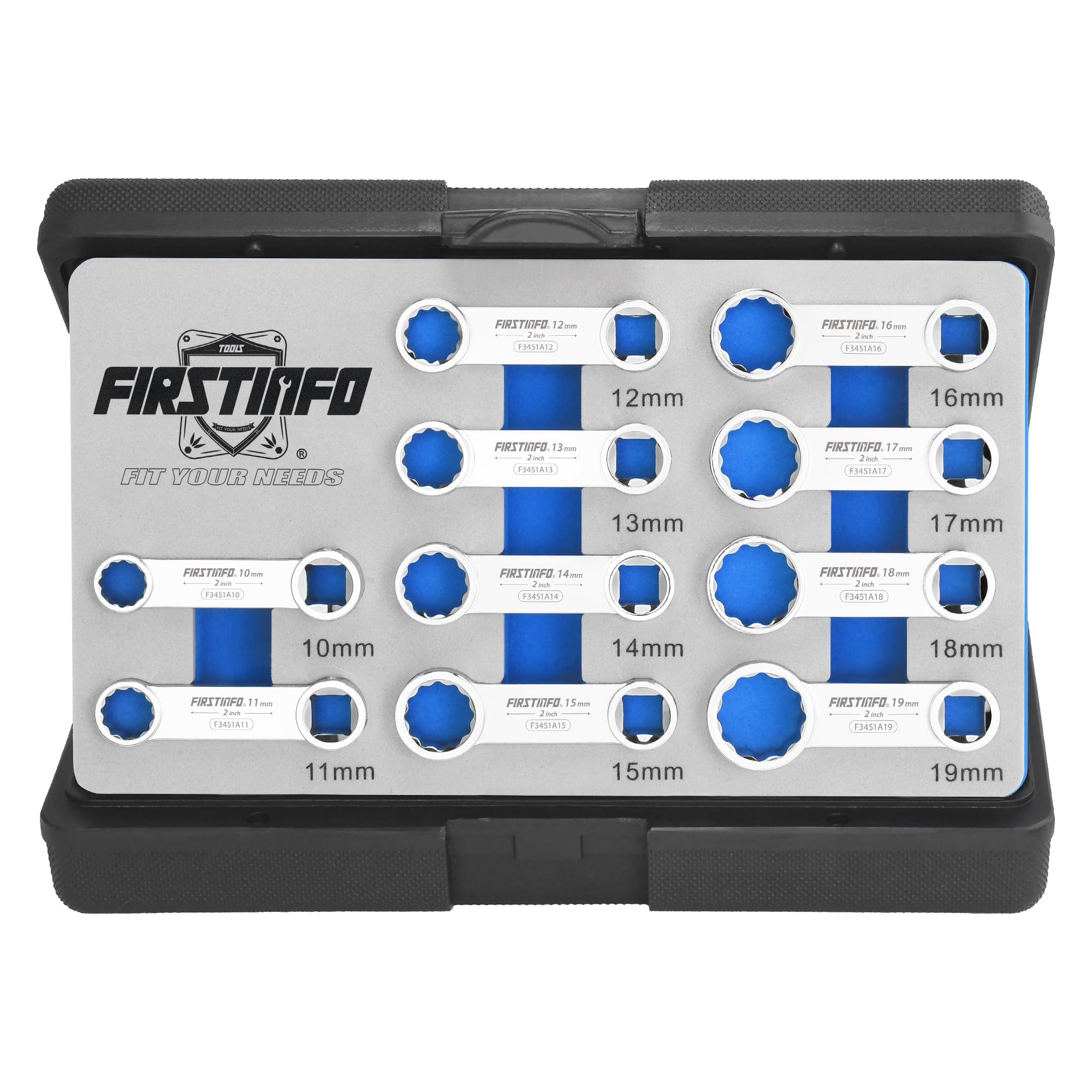 FIRSTINFO F3451A-10 pcs Metric 12-Point Box End Torque Adapter Extension Set, 3/8-inch Drive Chrome Vanadium Steel Construction- EVA Foam Tray + Carrying Case — image 1