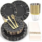 175 Plastic Dinnerware Set Party Supplies Disposable Dinnerware Set for 25 Guests Include 50 Plastic Plates,25 Silverware Set,25 Cups and 25 Napkins Plastic Plates for Party Wedding(Black and Gold)
