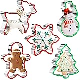 Crethinkaty Christmas Cookie Cutter Set 5 Pieces Stainless steel Gingerbread Man,Snowflake,Snowman,Christmas Tree and Reindee
