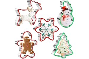 Crethinkaty Christmas Cookie Cutter Set 5 Pieces Stainless Steel Gingerbread Man,Snowflake,Snowman,Christmas Tree and Reindee