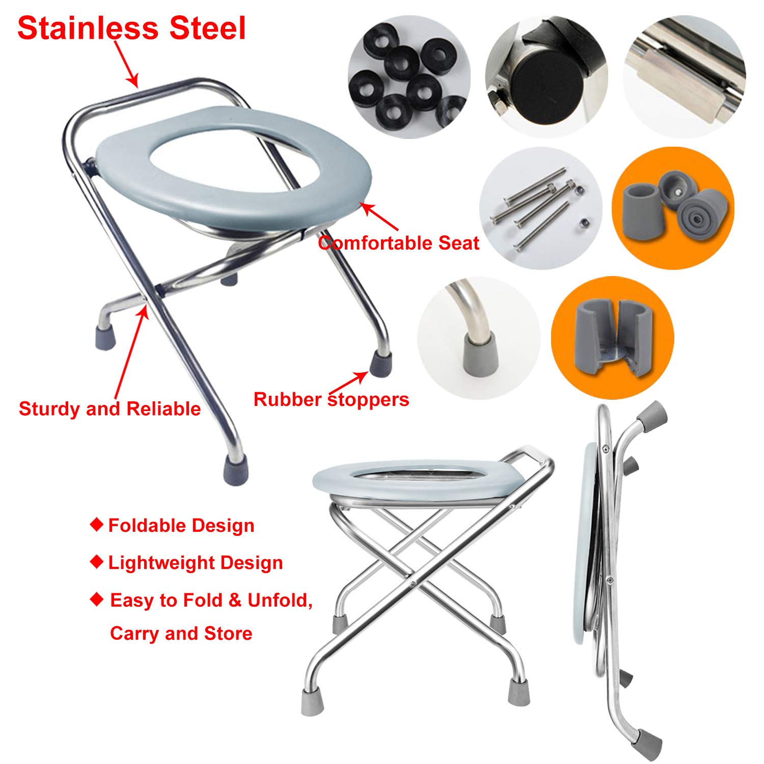 Stainless Steel Folding Portable Toilet Seat Converts Into Stool For