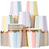 Confettiville Disposable Paper Coffee Cups, Bulk 100-Pack 8-oz, Pastel Stripes with Scalloped Gold Foil, Leak-Resistant, Hot and Cold Cups for Restaurants, Parties, and To-Go Use (No Lids)