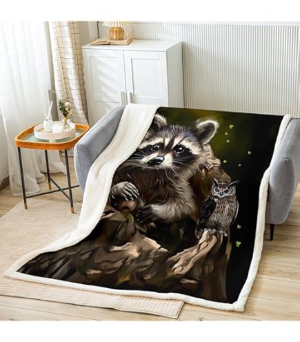 Raccoon Print Fleece Throw Blanket For Kids & Adults - Soft Sherpa, 60x80 Inches, Twin Size, 3D Animal Design