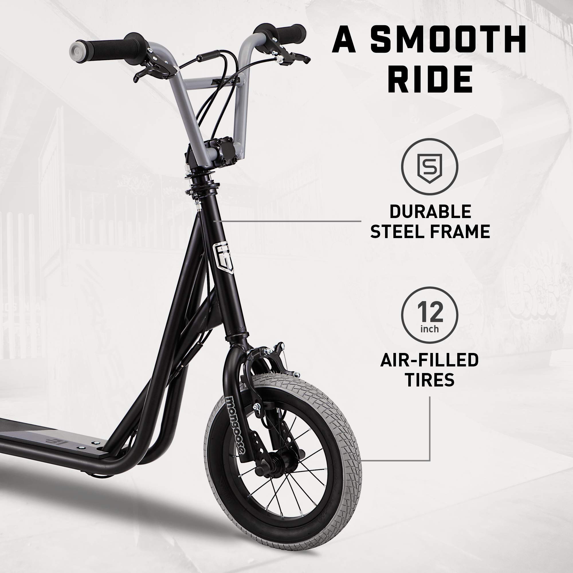 Mongoose Trace Air Non-Electric Scooter for Youth Boys Girls Age 8+ Year Old, Max Weight of 220 lbs., 12-Inch Air Tires, Non-Folding Design, Adjustable Height Stem, BMX-Style Handlebar, Wide Foot Deck