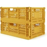 2 Pack Stackable Storage Crates, Plastic Foldable Baskets Large Golden | Easy-carry handles, suitable for toys books groceries office supplies and household storage for home office shopping