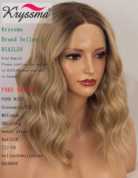 K'ryssma Ombre Blonde Lace-Front Perücke mit dunklen Wurzeln Kurze Bob Kunsthaarperücke für Frauen, lockere blonde, gewellte 