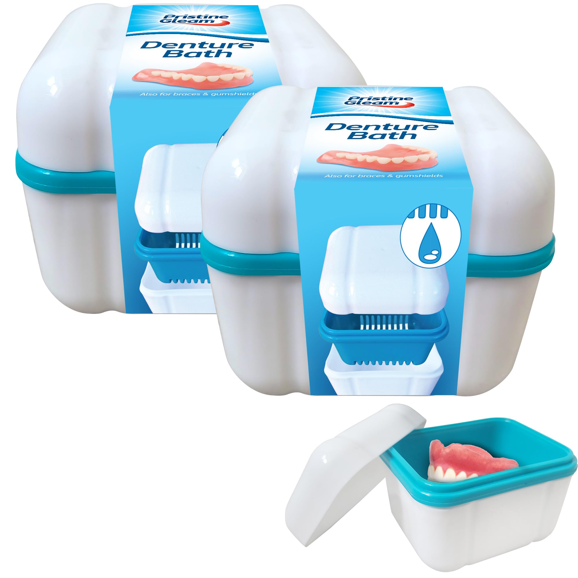 SOL 2pk Denture Bath Box, False Teeth Pot Container with Lid for Braces, Retainers, Gum Shields Dental Storage, Portable Cleaning Case, Compact Design, Ideal for Home or Travel Use, Durable and Secure