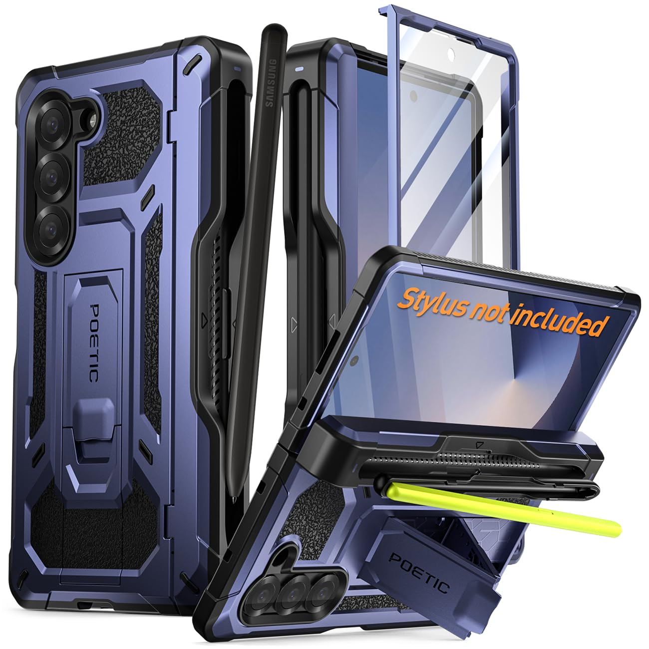 Poetic Spartan Case for Galaxy Z Fold 6, [Hinge Protection][Kickstand][Compatible with Fold 3/4/5/6 S Pen] Full-Body Protective Rugged Cover with Pencil Holder, Screen Protector, Midnight Blue