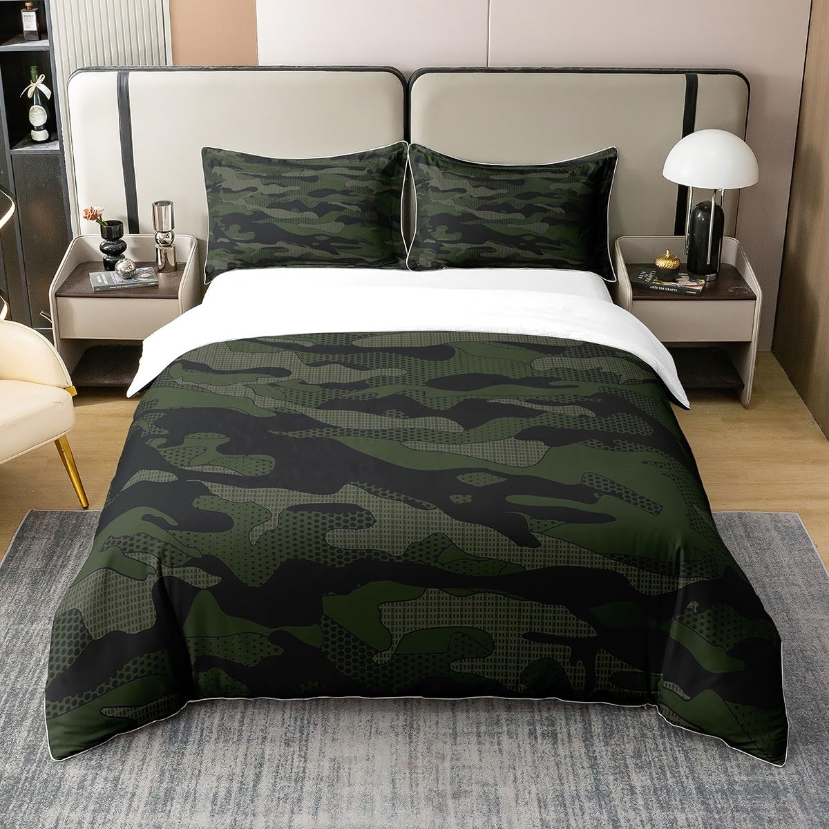 Loussiesd Camouflage 100% Cotton Duvet Cover Double Size Camo Bedding Cotton Duvet Cover Set Military Style Green Grey Bedspread Cover
