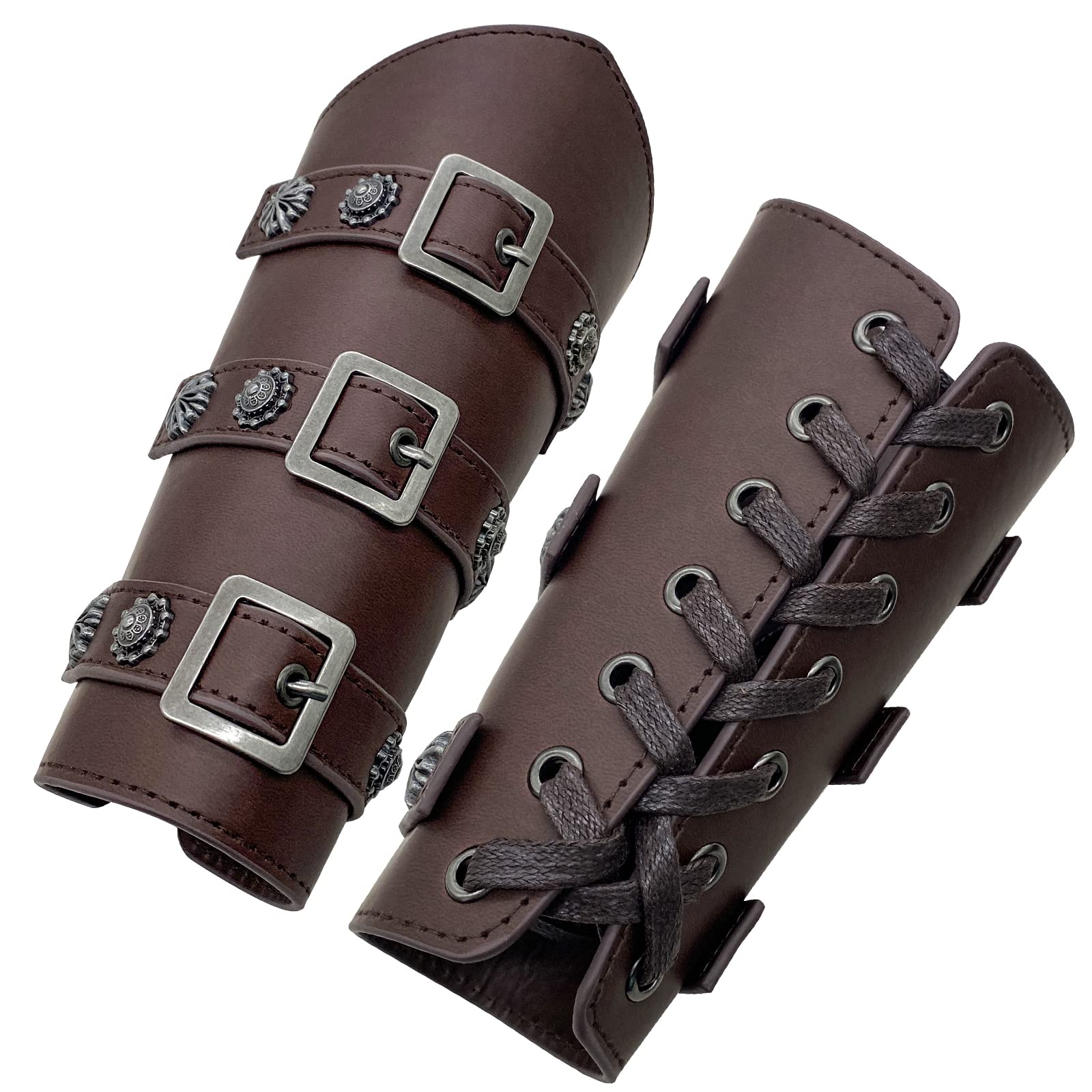 HiiFeuer Medieval PU Leather Buckle Arm Bracers, Knight LARP Retro Renaissance Arm Guards, One Size One Pair (Dark Brown)
