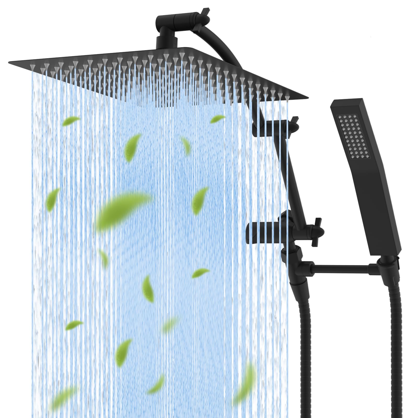 Photo 1 of Hibbent All Metal 12'' Rainfall Shower Head, Dual Shower Head Combo, High Pressure Handheld Shower Wand, 16'' Adjustable Arc-shaped Shower Extension Arm, 71'' Hose, Showerhead Holder, Matte Black