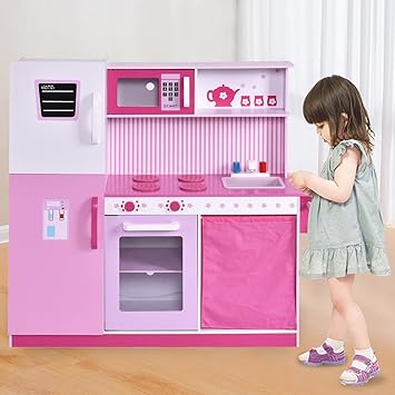 Costway Kids Pretend Kitchen Role Play Set Wooden Cooking Toy W Fridge Cabinet Large Christmas Gift Amazon Co Uk Toys Games