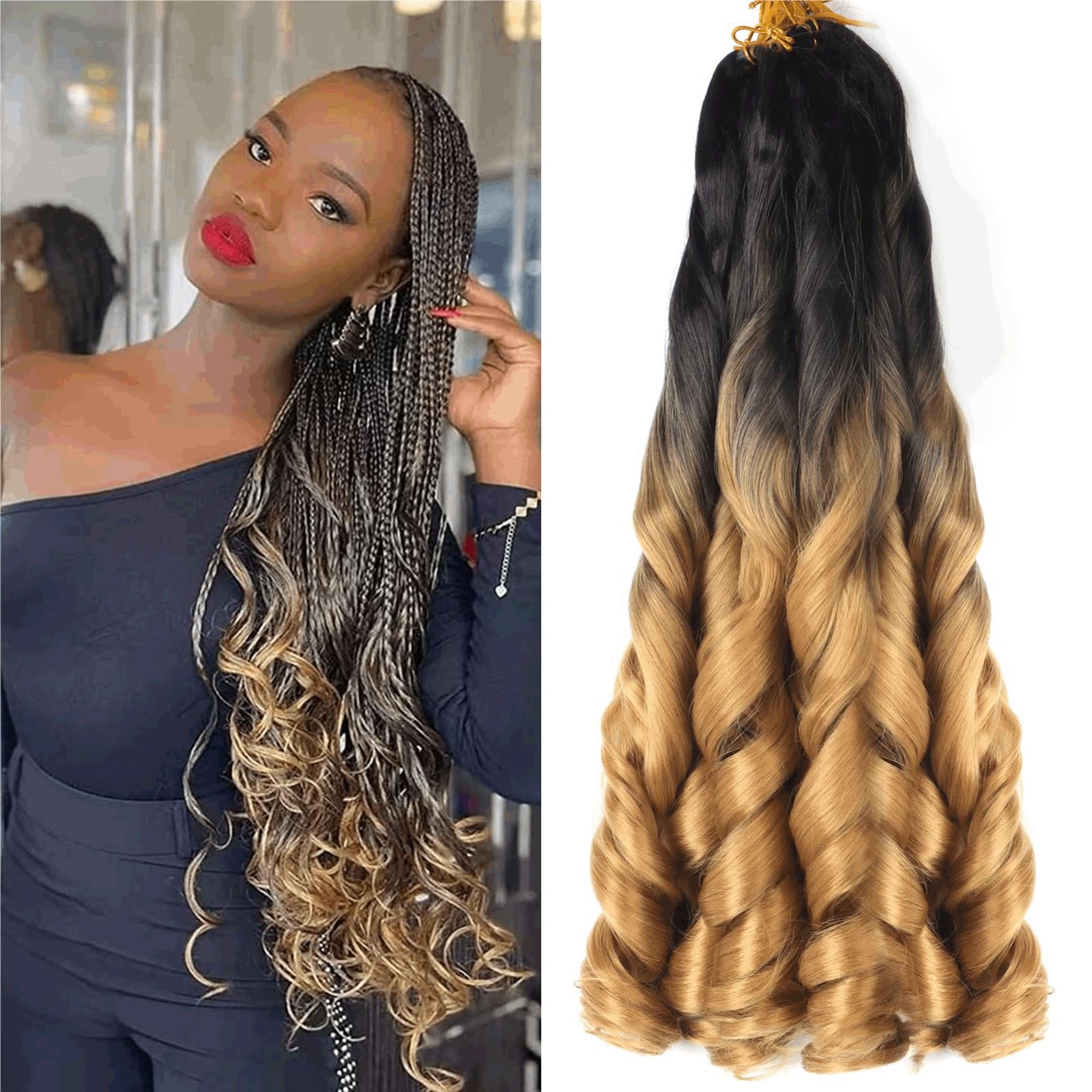 French Curly Braiding Hair 22 Inch 8Pack/lot Loose Wavy Spiral Curl Braids Crochet Hair Deep Wave Synthetic Extensions Pre Stretched Bouncy Braiding Hair(1B/27) — image 1