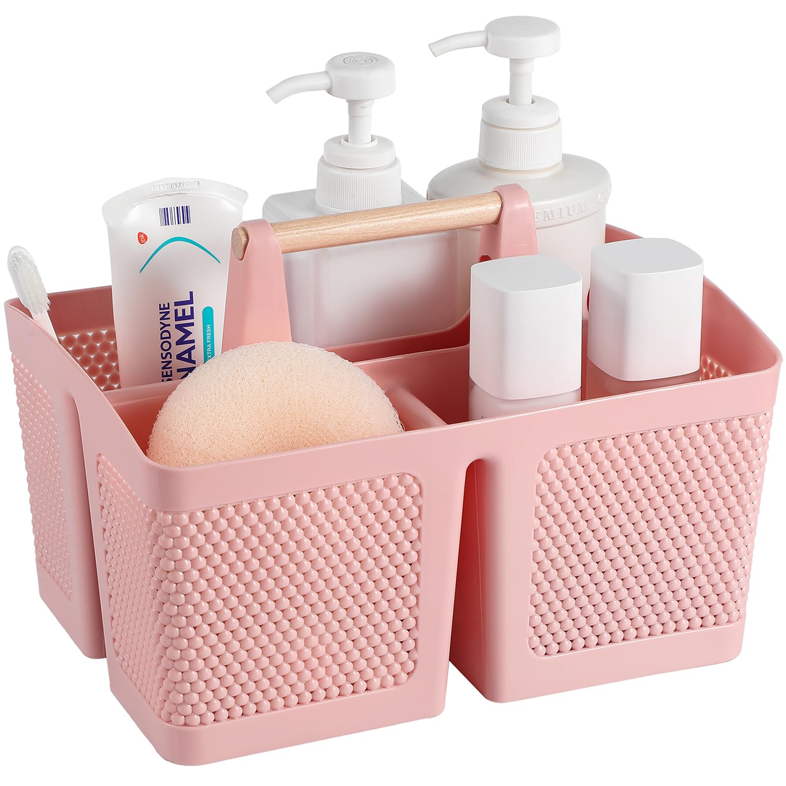 rejomiik Portable Plastic Shower Caddy with Bamboo Handle, Pink