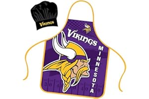 Mojo Licensing Minnesota Vikings Apron Chef Hat Set Full Color Universal Size Tie Back Grilling Tailgate BBQ Cooking Host