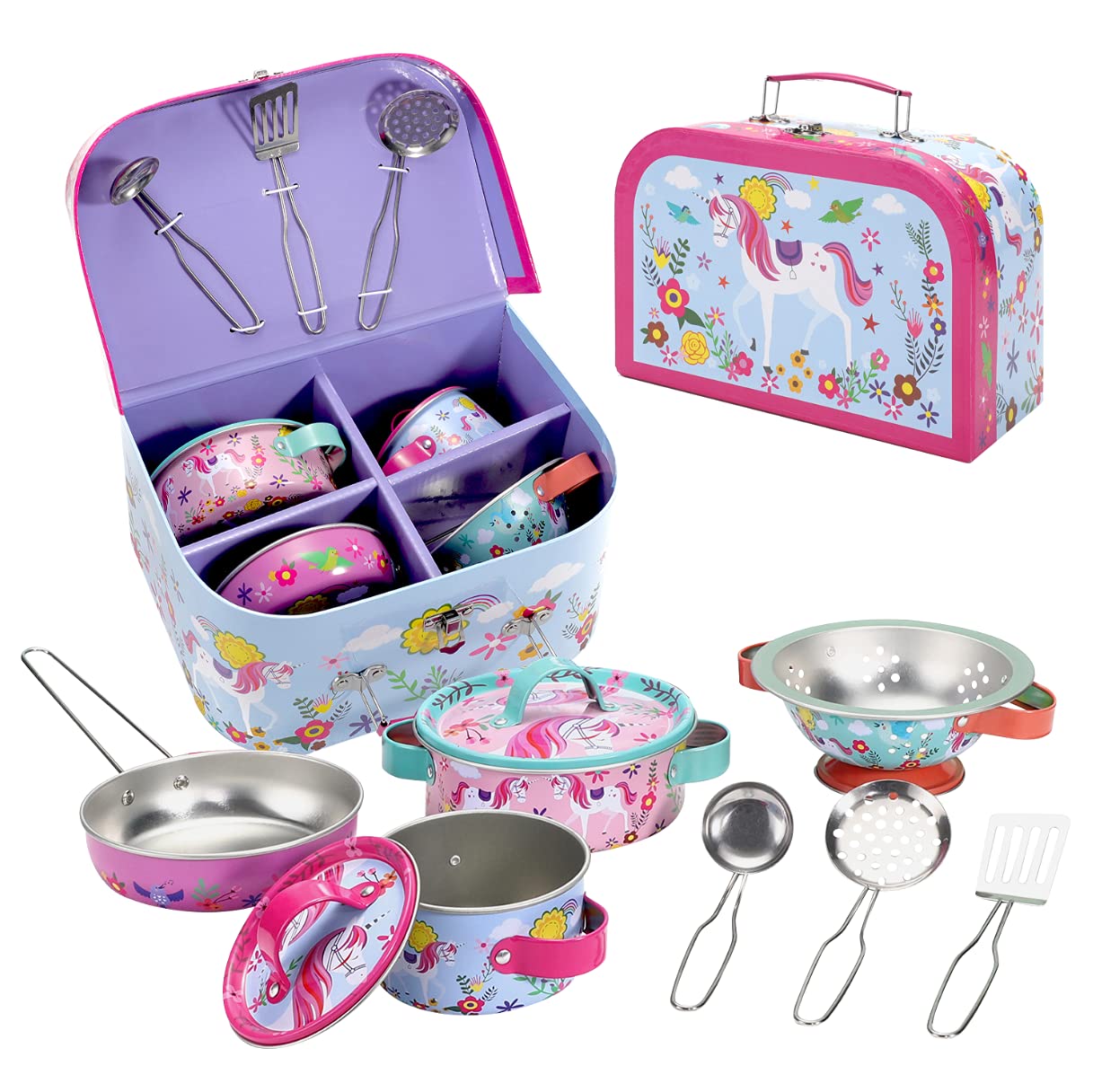 SOKA Unicorn Metal Kids Kitchen Set with Carry Case - 10 Pcs Illustrated Colourful Design Pretend Role Play Toy Pots and Pans Set Toy Kitchen Accessories for Children Boys Girls