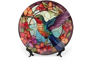 GOKAYS Decorative Plates for Wall Hanging, Cute Hummingbird Stained Glass Painting Ceramic Plate w/ Display Stand, Home Decor for Kitchen Cabinets, Farmhouse Round Tray 10 Inch, Gift for Hummingbird Lovers
