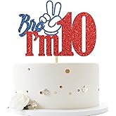 Bro I'm 10 Cake Topper, Bruh It's My Birthday, Cheers to 10 Years Old Birtthday for Big Brother, Happy 10th Birthday Party Cake Decorations Supplies for Boy, Blue & Red Glitter