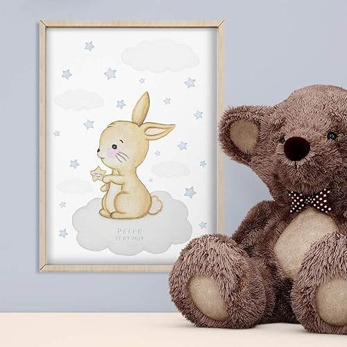 Hase Baby Deko Kaninchen Kinderposter Bild Kinderzimmer Blau Deko Hase Bild Babyzimmer Hase Bilder Kinderbild Kinderzimmerbilder Poster Babyzimmer Tiere Tierposter Baby Fur Kinder Junge Din A3 A4 Amazon De Handmade