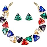 BriLove Art Deco Sparkly Triangle Statement Necklace Earrings Set for Women