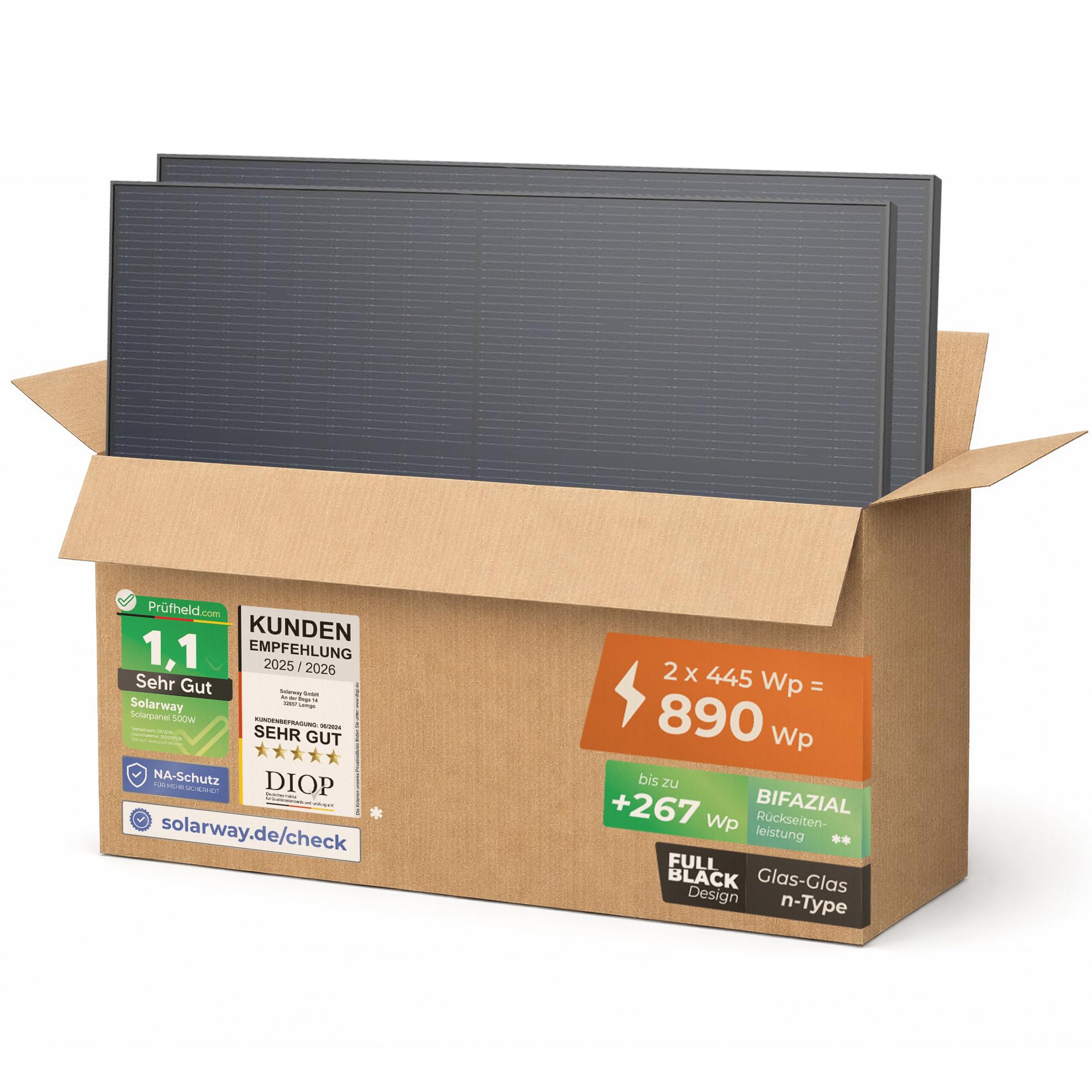 Solarway 445W Solarpanel Full Black Bifazial Glas/Glas PV Panel mit positiver Leistungstoleranz von 0-5 Watt, n-type, geeignet für Balkonkraftwerk
