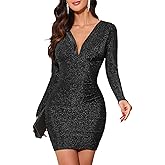 oten Women's Sparkly Deep V Neck Long Sleeve Ruched Bodycon Cocktail Party Club Night Out Glitter Short Dresses