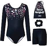 Tstiti Gymnastics Leotards for Girls Long Sleeve Kids Tumbling Gymnastic Outfit Clothes with Shorts Storage Bag