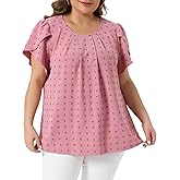 Agnes Orinda Plus Size Tops for Women Swiss Dot Crew Neck Tulip Short Sleeve Shirts Front Pleated Summer Blouse Top