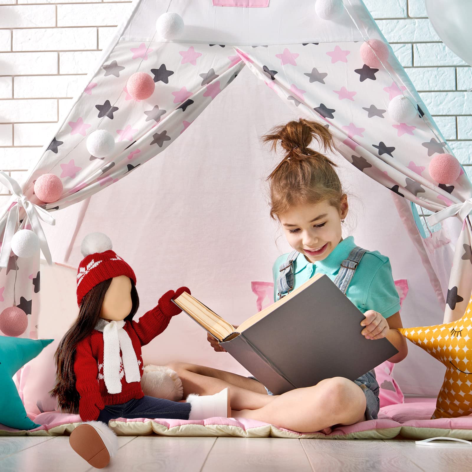 Bencailor 6 Pcs 18 Inch Christmas Doll Clothes and Accessories Winter Outfits Set Sweaters Trousers Hats Shoes Gloves for 18 Inch Doll Gifts(Red White)