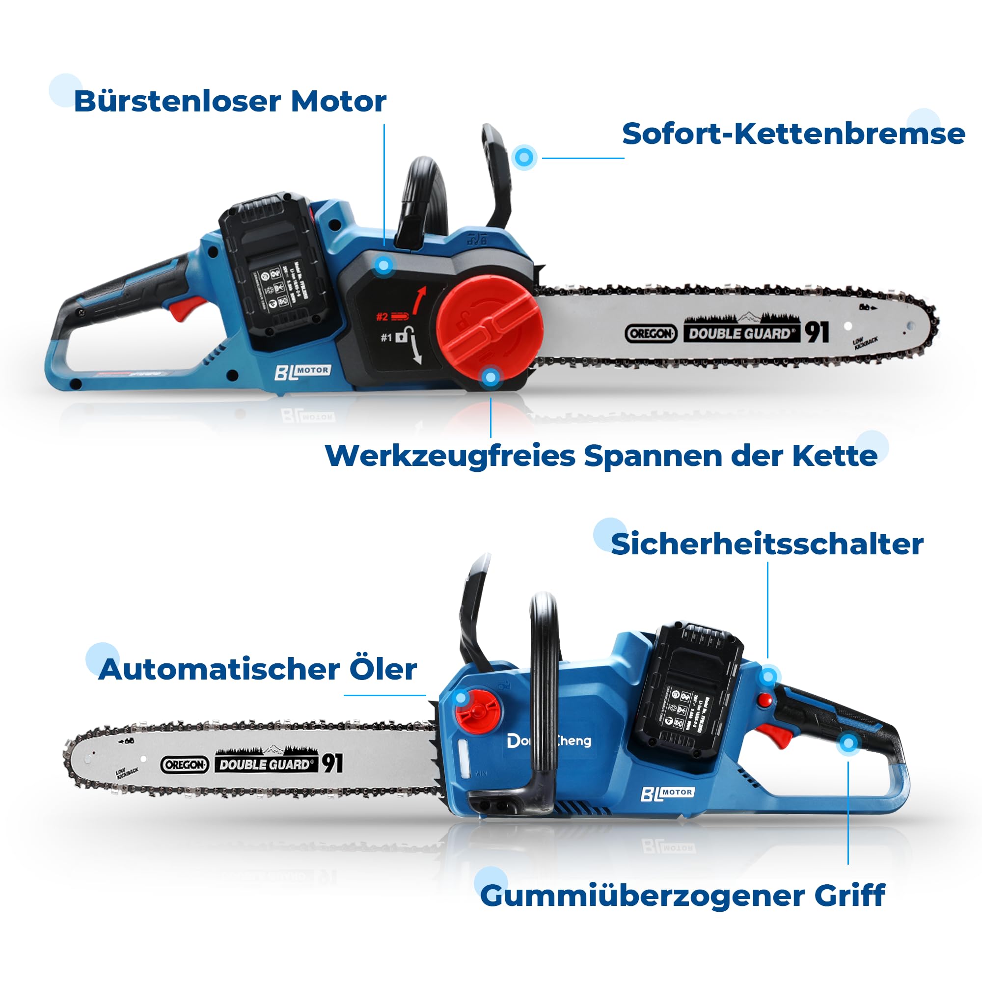 Dong Cheng Bürstenlose Akku Kettensäge 40V(2×20) V mit Oregon-Führungsschiene und Kette, werkzeuglose Kettenspannung, 38cm Schnittlänge, 14m/s Kettengeschwindigkeit für Holz und Gartenarbeit 7