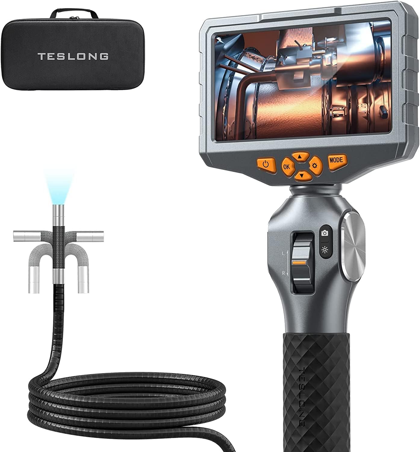 Teslong Inspection Camera, 5 Inch IPS Articulating Endoscope Camera with Two-Way 210° Articulating Probe, 5FT Borescope Camera with Lights, 3000mAh Battery, 32G TF Card-6.5mm