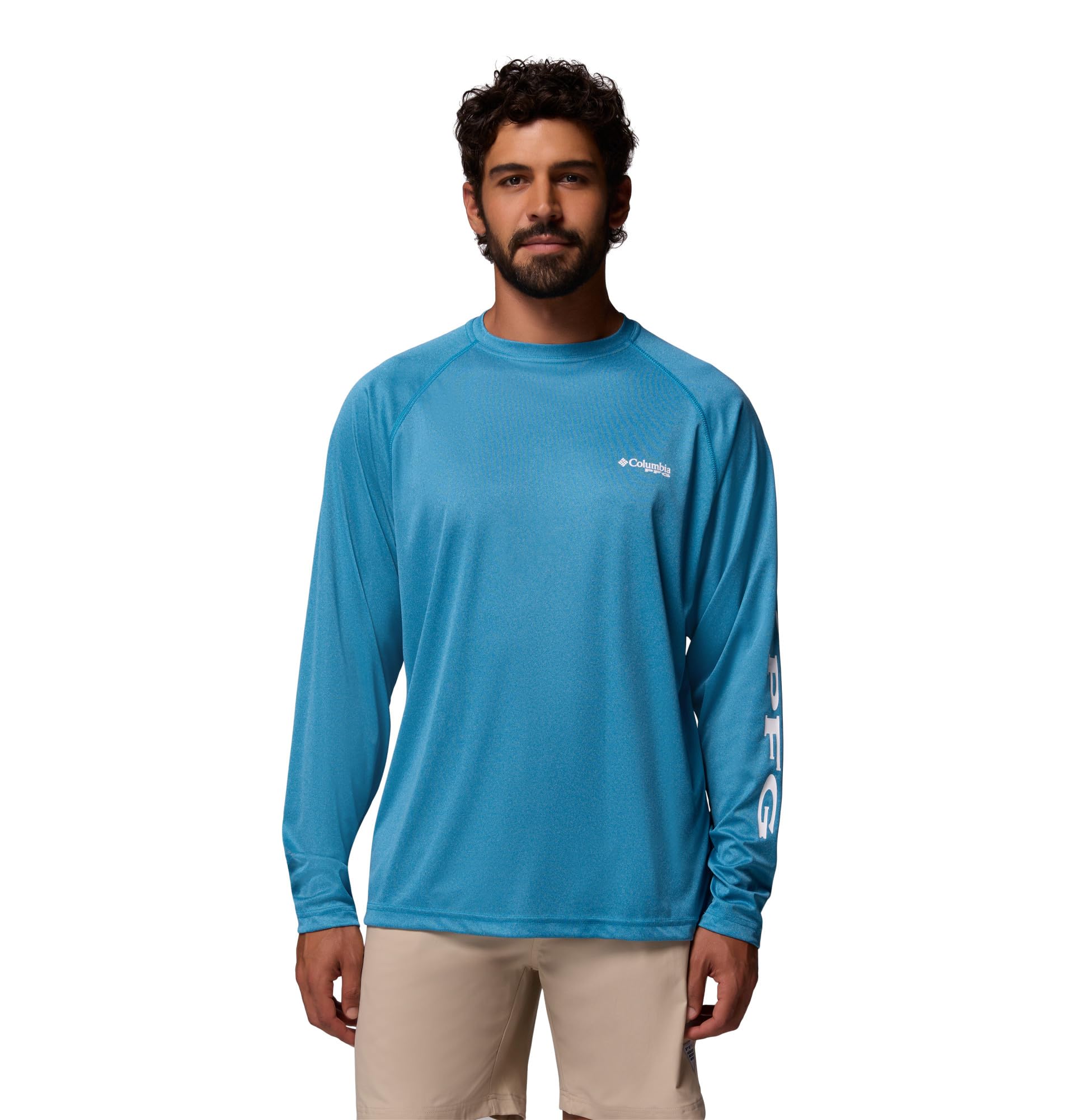 Columbia Men's PFG Terminal Tackle Long Sleeve Fishing Shirt, Blue Echo Heather/White Logo, X-Small Image