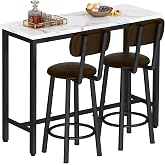 AWQM 3 Piece Bar Table Set of 2,39.3" Pub Bar Table and Chairs Set,Faux Marble Bar Height Table with 2 Backrest Stools,Small Dining Table for 2,Kitchen Table Set for Small Space,White &amp; Brown