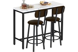 AWQM 3 Piece Bar Table Set of 2,39.3" Pub Bar Table and Chairs Set,Faux Marble Bar Height Table with 2 Backrest Stools,Small Dining Table for 2,Kitchen Table Set for Small Space,White & Brown
