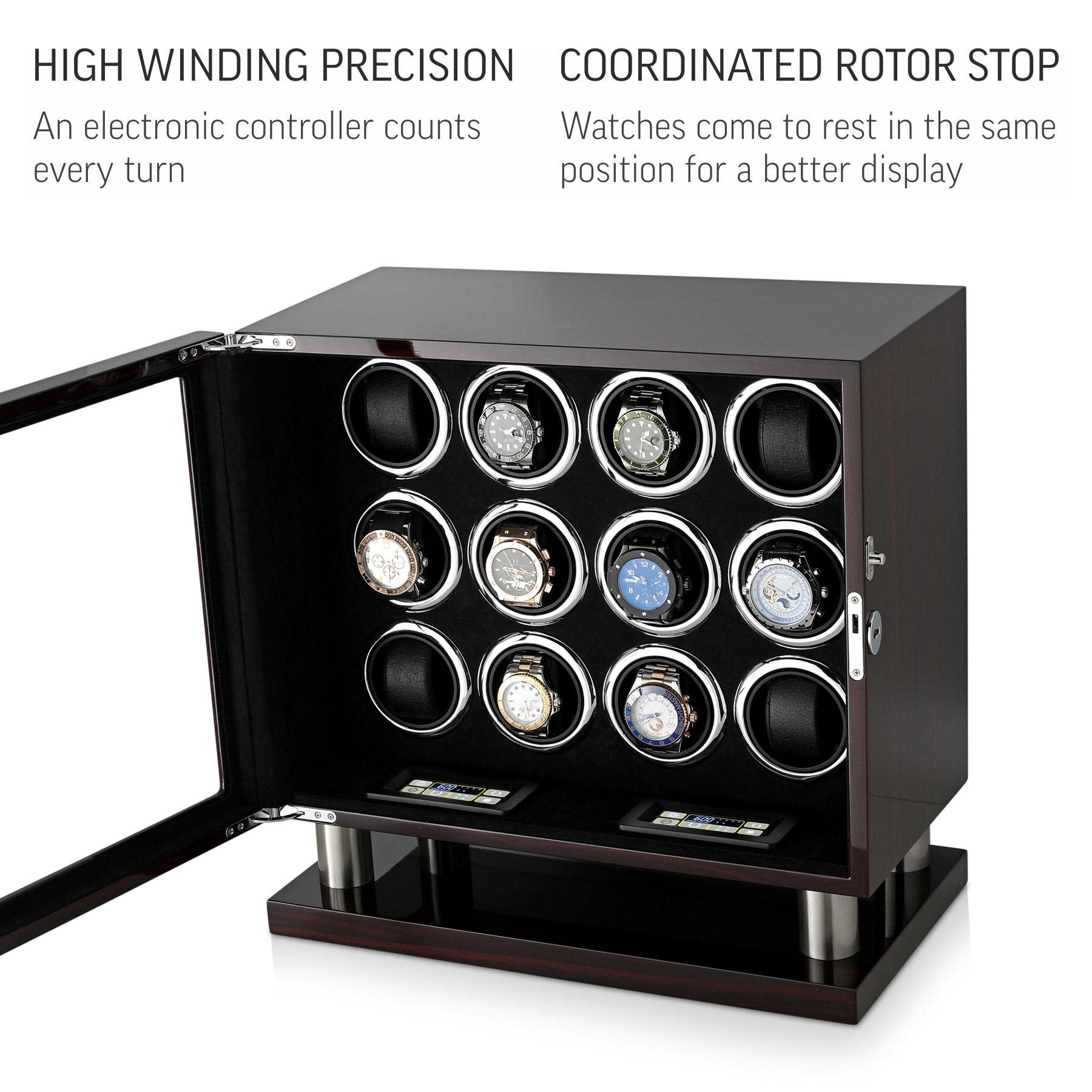 12 Watch Winder for Automatic Watches with LED Light and LCD Touchscreen Control (Ebony + Black)