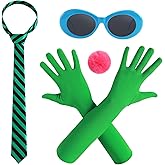 Neujiwo 4PC Green Costume Accessories for Adult Stripe Tie Gloves Sunglasses and Pom Pom Ball Brooch Cosplay Party Dress up