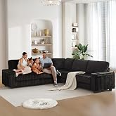 MAKIAAP 106" Oversized L-Shaped Sectional Sofa for Living Room (Black) | Plush Corduroy Deep Seat Couch, Large V Shaped Corner Couch, Hidden Storage Armrests, USB Charging, Cup Holders