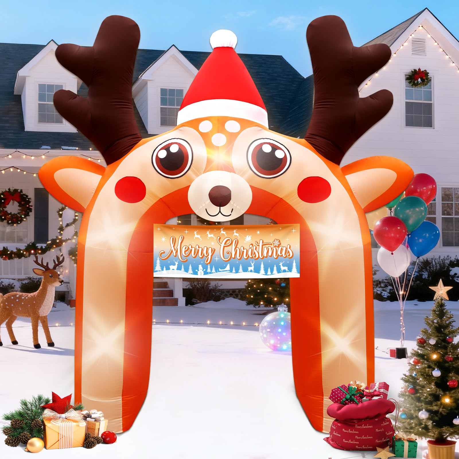 Photo 1 of 10 FT Giant Reindeer Inflatable Reno Inflable Christmas Deer Arch Decoration with LED Lights, Blow Up Decor for Outdoor Yard Lawn Sign Backdrop Sports Inflatable Arch (Red Reindeer)