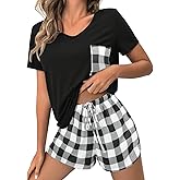 JUSTFASHIONNOW Pajamas for Women Shorts Set V Neck Casual Summer Lounge Sets Loungewear Sleepwear 2 Piece Pjs Sets