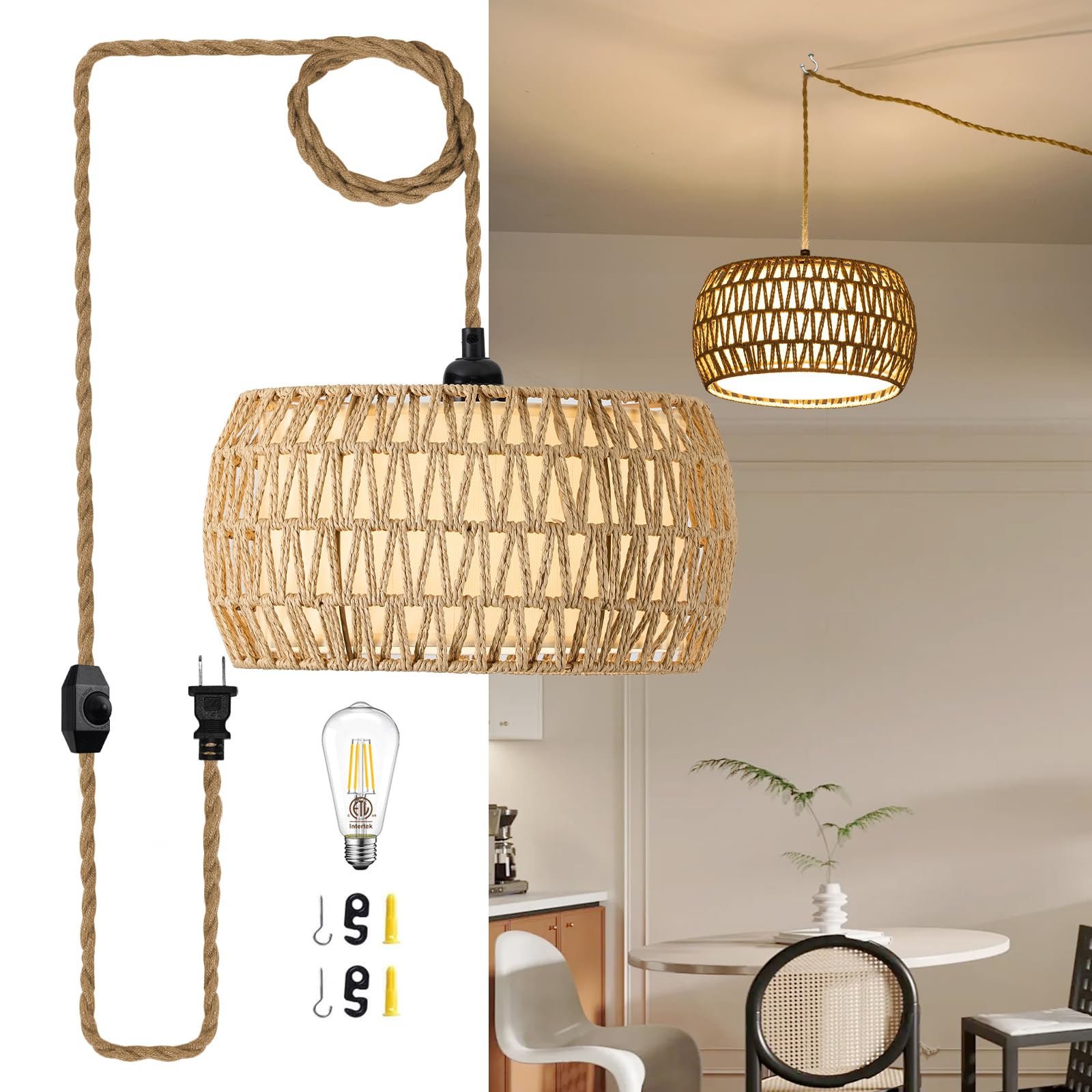 Photo 1 of ALAISLYC Boho Rattan Pendant Lights Farmhouse 12 Inch Plug in Chandelier Light Fixture Rustic Wicker Hand Woven Pendant Hanging Light with Cord for Dining Room Kitchen Bedroom Foyer Hallway