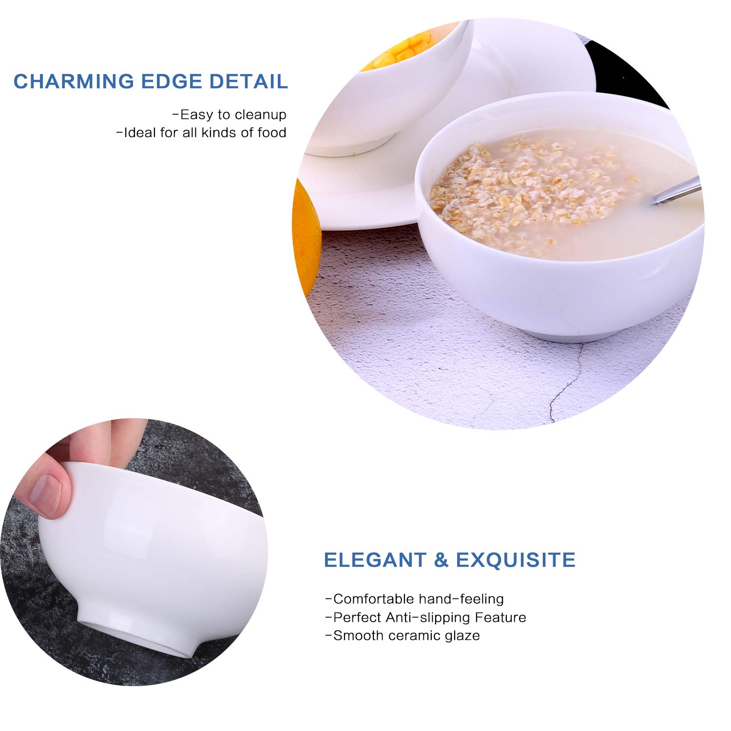 Alt-GT 6 Packs 12 Ounce Porcelain Small Cereal Bowl Set for Ice Cream,Salad,Fruits,Small Side Dishes,Cereal,Dessert,Snack,Sauce Dip,Ceramic Bowl with Microwave and Dishwash Safe,White