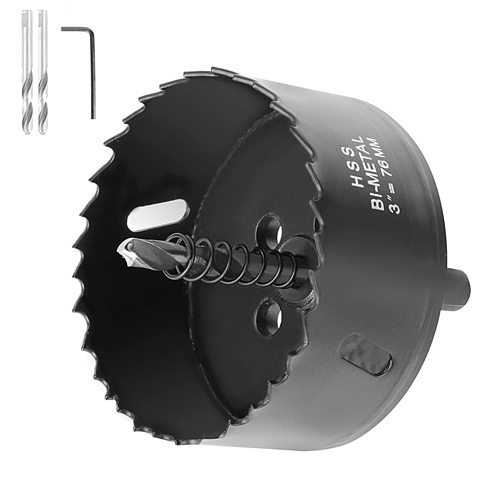 Photo 1 of KEILEOHO 3 Inch 76 MM Black Hole Saw with Heavy Duty Arbor, Drill Bit and Hex Wrench for Cornhole Boards, Plywood, Iron Board, Acrylic, Ducts, Ceiling Lights, Cinder Wall