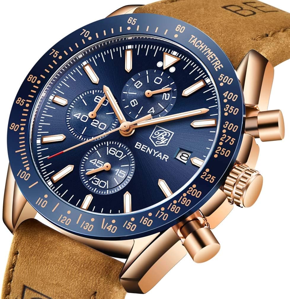 BENYAR Men's Watches Quartz Sports Chronograph Fashion Business Luxury Brand Waterproof Watch Analog Date Men's Brown Leather Watch for Men(Brown Gold Blue) - Image 3