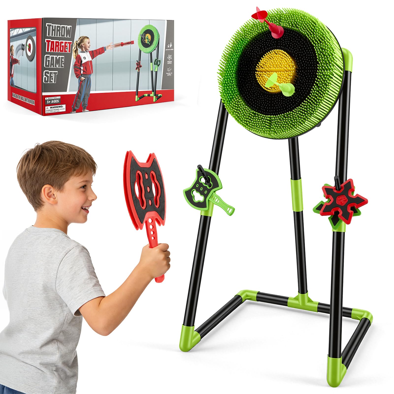 Gvdeirn Axe Throwing Game Set for Kids, Complete Indoor Outdoor Throwing Target Game with Stand, 2 Axes 2 Ninja Stars 2 Darts, Large Target Garden Dart Game for Family Garden Party Activities