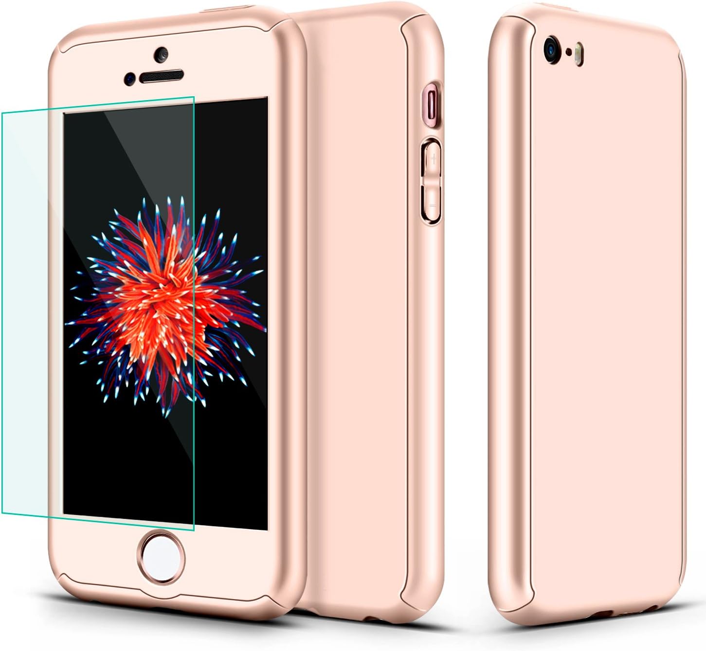 iPhone 5S Case, iPhone 5 Case, iPhone SE Case, SEEKFULL 360 Full Body Protection Ultra-thin Hard Slim Case with [Tempered Glass Screen Protector]case for Apple iPhone 5 5S SE (Rose Gold)