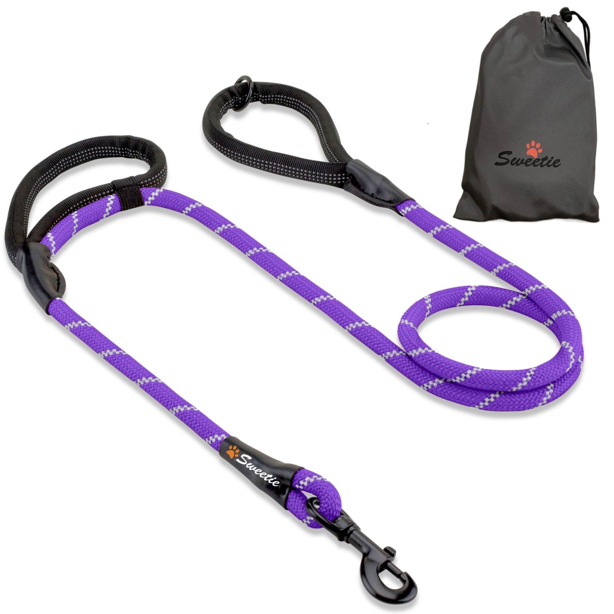 Rope Dog Lead, Purple Strong Leash, 2 Padded Handles 5 FT - Medium, Large Dogs - Reflective, Weather Resistant. — image 1