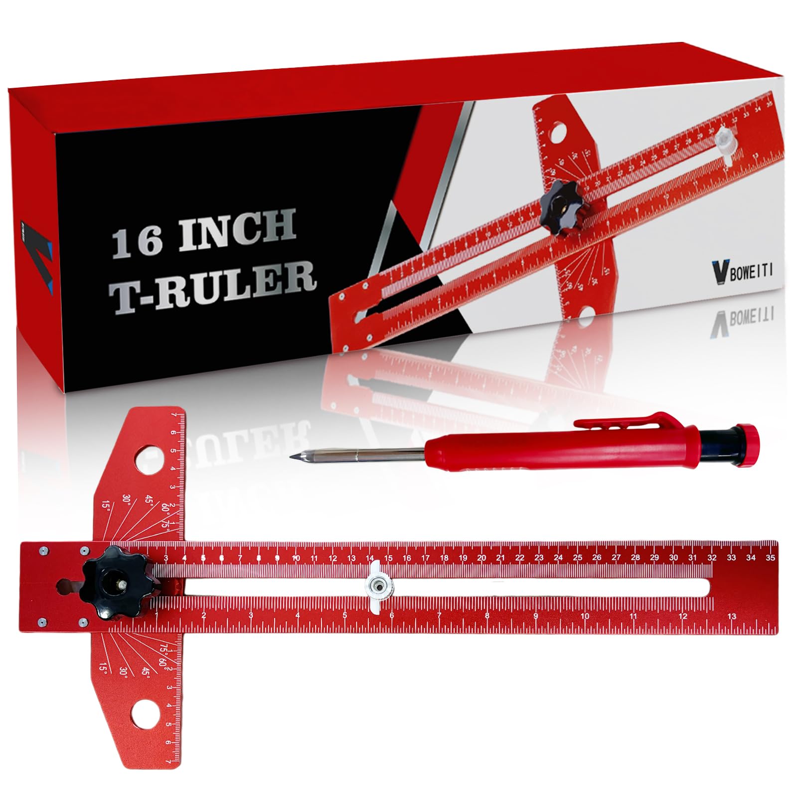 Photo 1 of Woodworking Scriber Marking Line Ruler T Type Woodworking Ruler 16 inch Layout and Measuring Tools Precision Marking T-Ruler Positioning Scribing(Red)