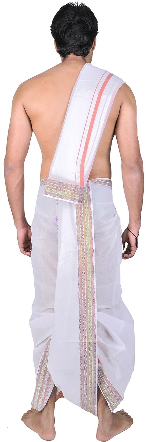 exotic india plain dhoti and angavastram set with woven border